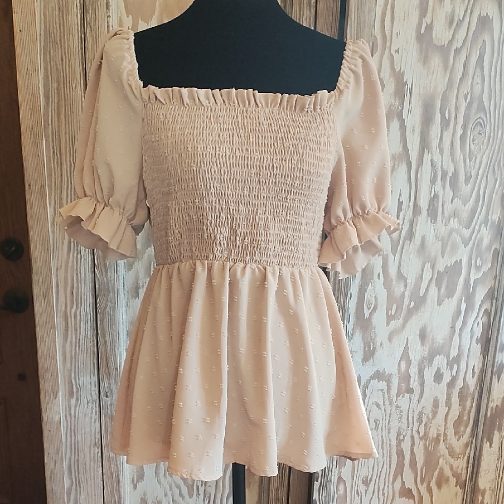 Cream Smocked Peplum Blouse